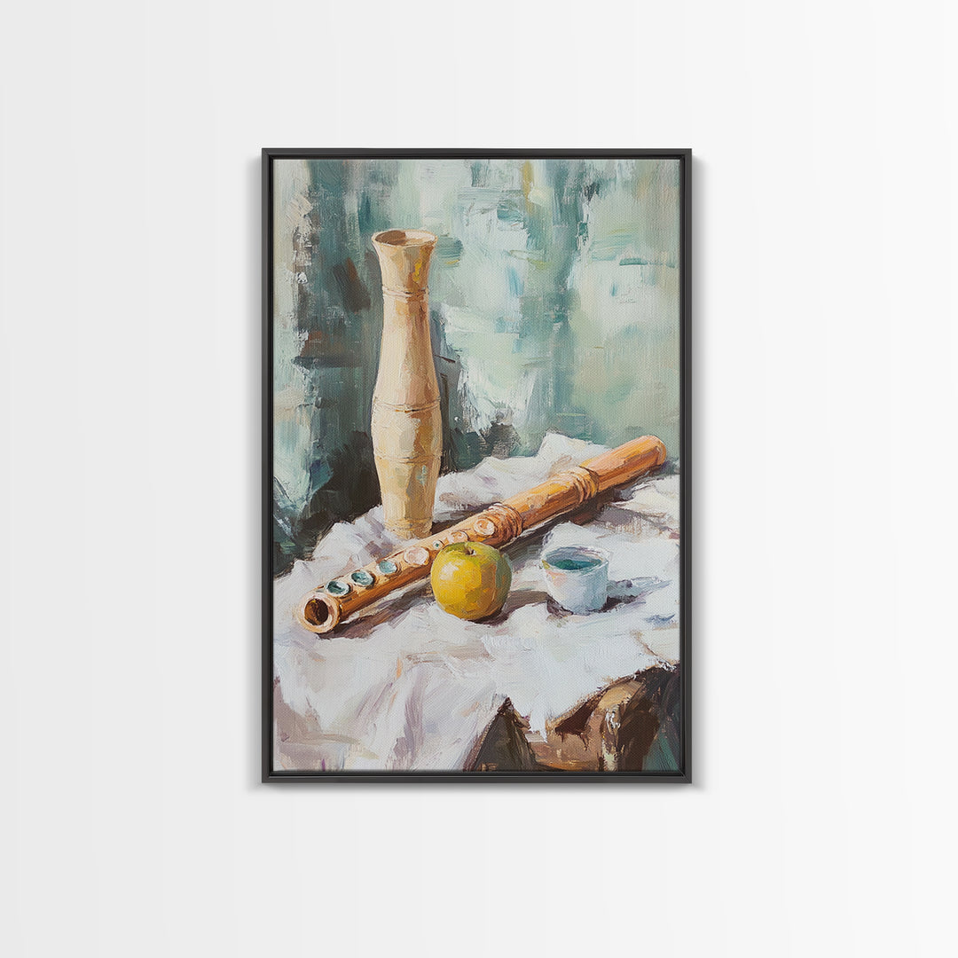 Wooden Flute Vase And Lemon Still Life Wall Art, Music Room Canvas Print, Boho Kitchen Decor, Rustic Instrument Art Gift