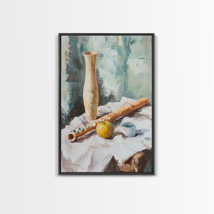 Wooden Flute Vase And Lemon Still Life Wall Art, Music Room Canvas Print, Boho Kitchen Decor, Rustic Instrument Art Gift