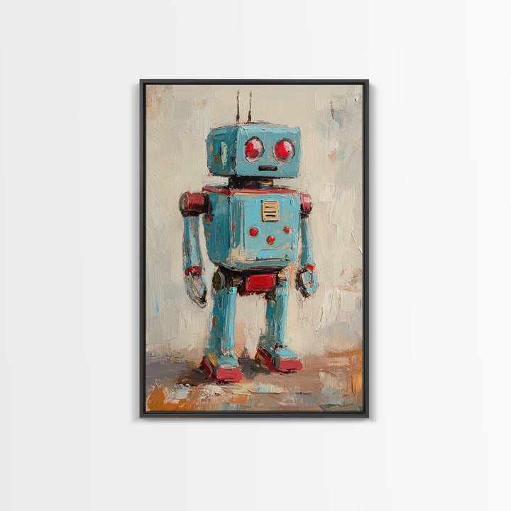 Whimsical Blue Toy Robot Oil Painting, Canvas Print For Kids Room Decor, Robot Wall Art, Sci Fi Nursery Art Gift, Modern Home Decor