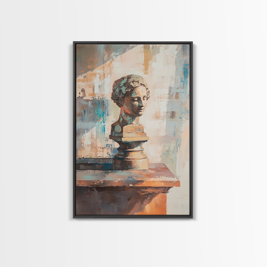 Classical Bust Sculpture On Wooden Shelf Painting, Canvas Print For Dark Academia Wall Art, Office Decor, Art History Gift