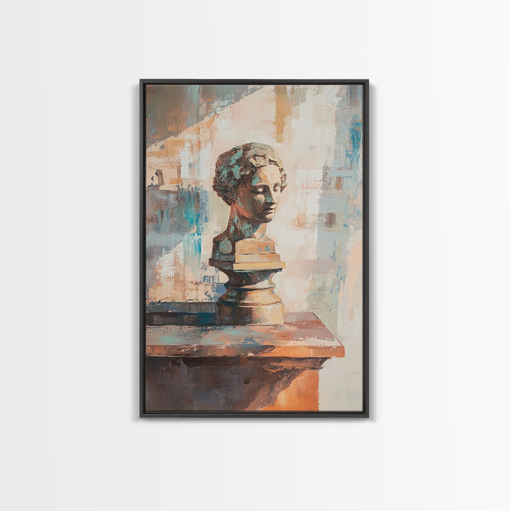 Classical Bust Sculpture On Wooden Shelf Painting, Canvas Print For Dark Academia Wall Art, Office Decor, Art History Gift