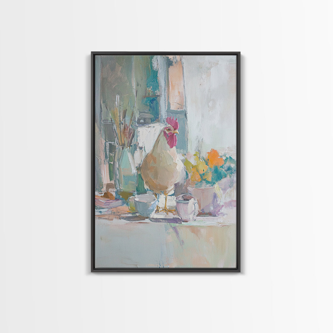 Charming Rooster On Kitchen Counter Painting, Canvas Print For Farmhouse Kitchen Wall Art, Rustic Country Decor, Chef Gift