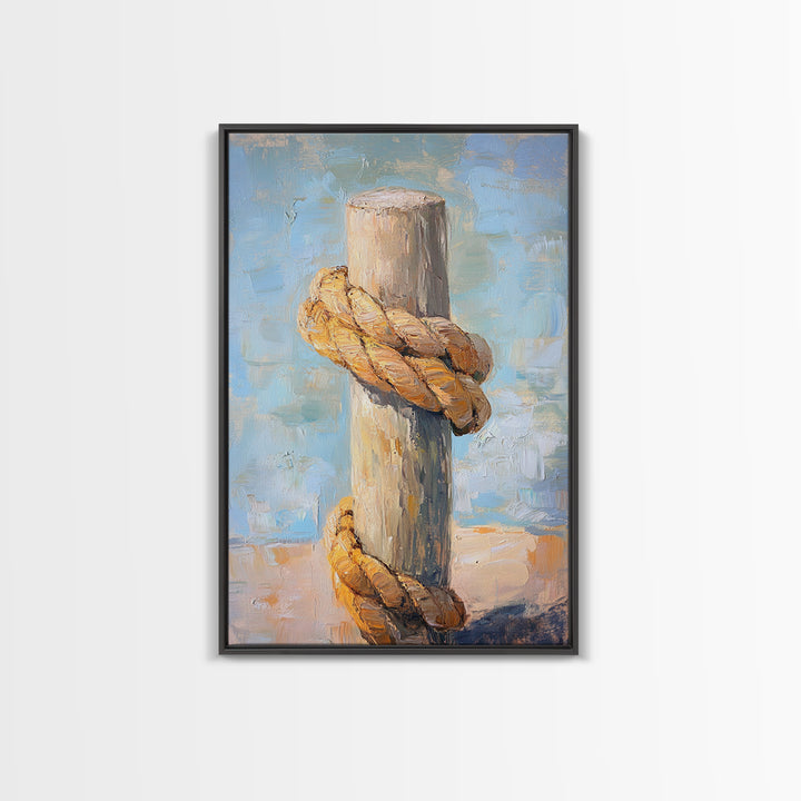 Thick Nautical Rope Around Weathered Dock Post, Framed Canvas Print For Coastal Wall Art, Beach House Decor, Lake House Gift