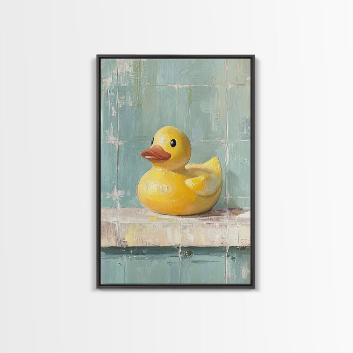 Bright Yellow Rubber Duck On Aqua Tile Painting, Canvas Print For Bathroom Wall Art, Funny Bathroom Decor, Kids Room Gift