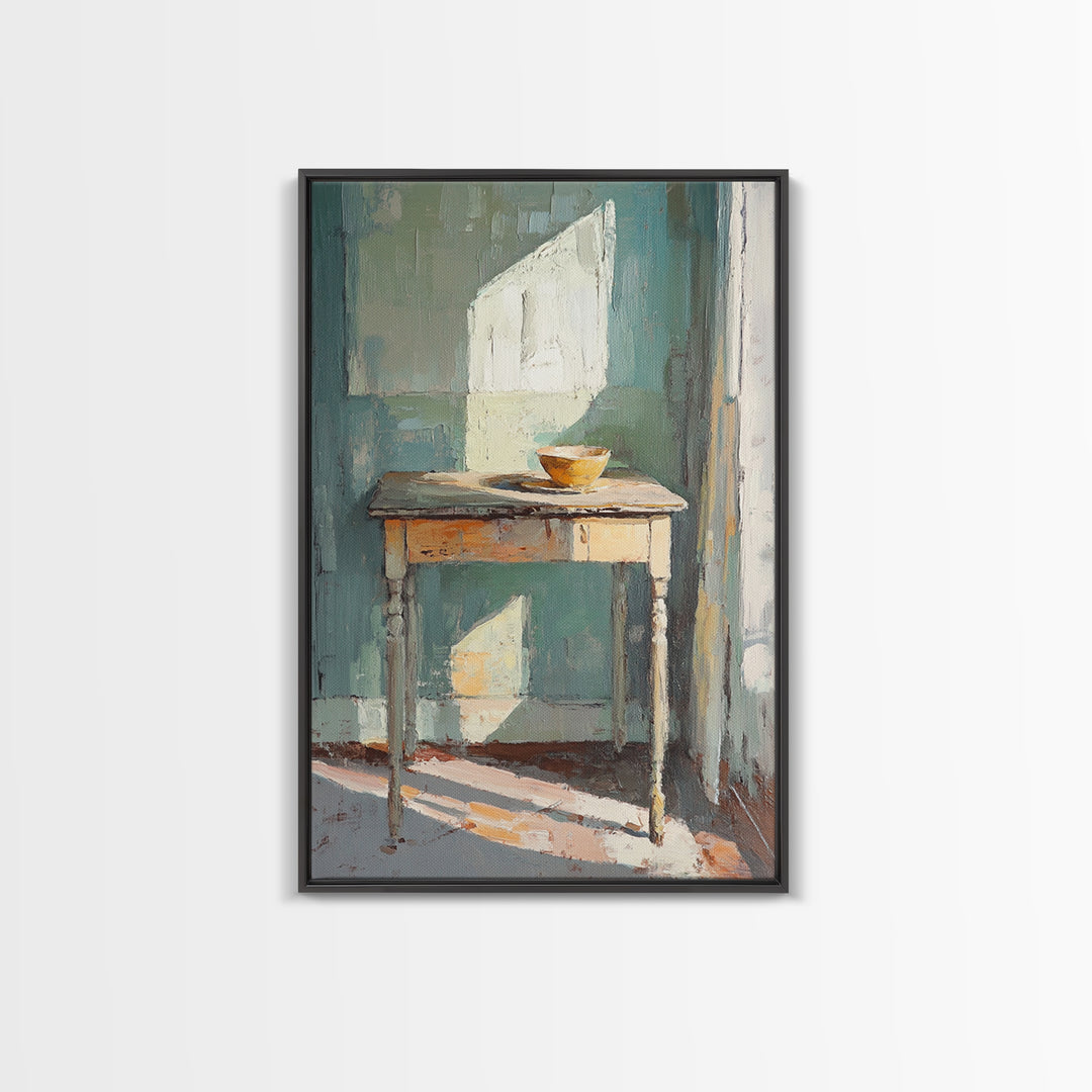 Sunlit Wooden Table With Orange Bowl Framed Canvas Print, Minimalist Wall Art, Japandi Decor, Neutral Home Decor Gift For Her