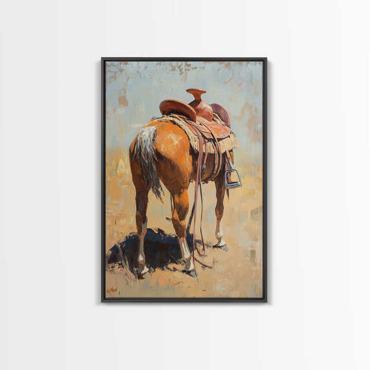 Saddled Chestnut Horse Western Canvas Print, Rustic Cowboy Wall Art, Equestrian Home Decor, Farmhouse Ranch Gift For Horse Lovers