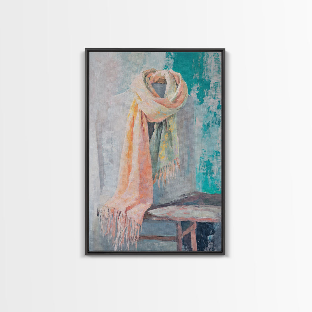 Soft Pastel Scarf On Dress Form Canvas Print, Feminine Wall Art, Fashion Studio Decor, Chic Neutral Bedroom Art Gift For Her