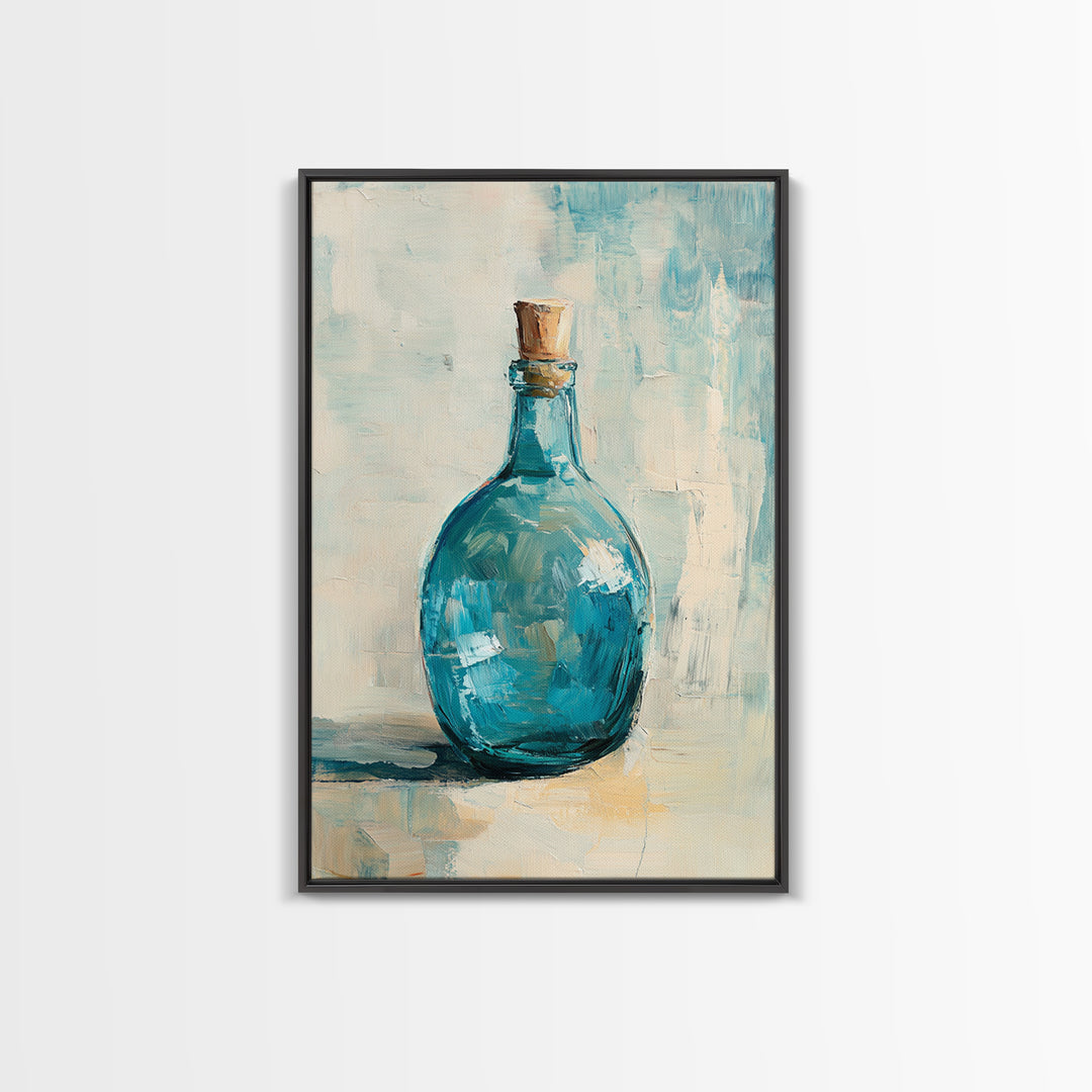 Turquoise Glass Bottle With Cork Canvas Print, Coastal Wall Art, Minimal Still Life Painting, Blue Bathroom Home Decor Gift