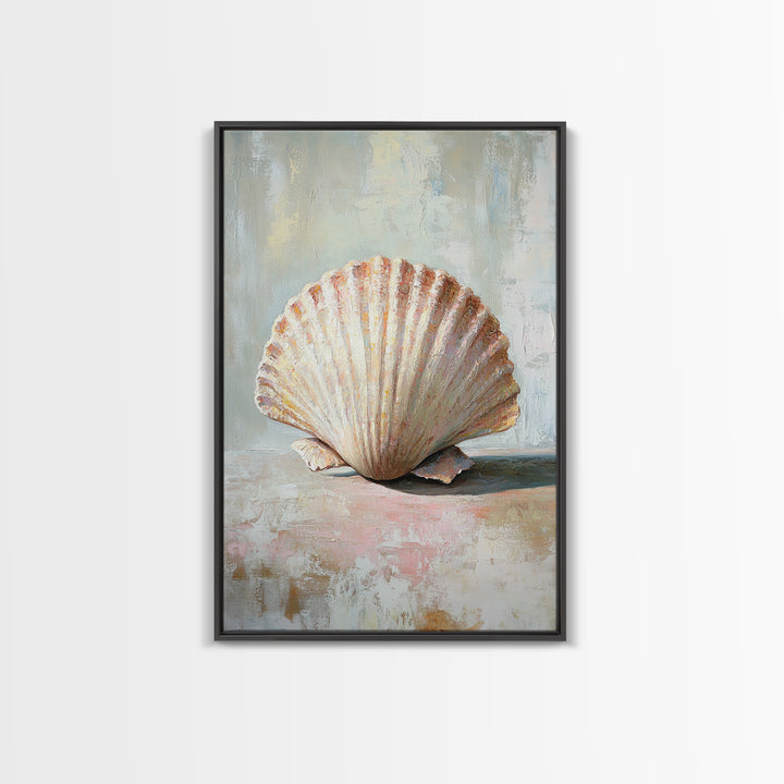 Textured Scallop Shell Still Life Wall Art, Coastal Beach House Decor, Seashell Painting, Neutral Bathroom Wall Decor, Spa Art