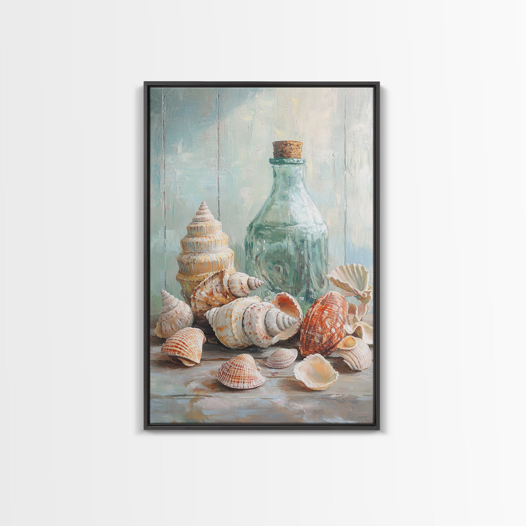 Sea Shells And Corked Glass Bottle Canvas Print, Coastal Wall Art, Beach House Decor, Nautical Bathroom Art, Ocean Print
