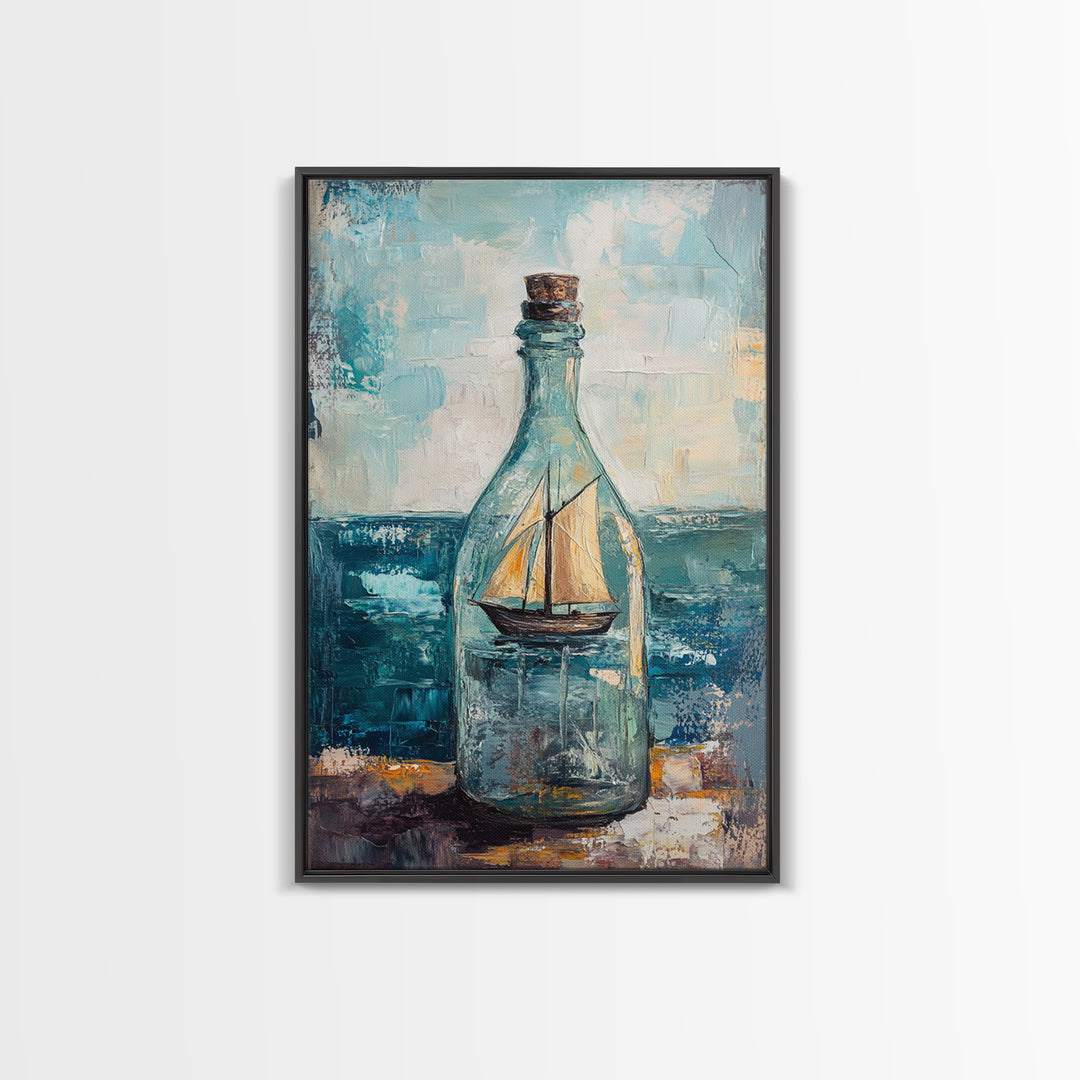 Ship In A Bottle Nautical Canvas Print, Coastal Wall Art, Sailboat Seascape, Ocean Decor, Beach House Statement Artwork Print