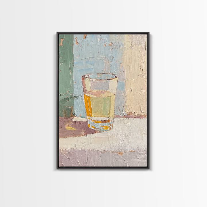 Minimal Glass Of Golden Tea Still Life Wall Art, Neutral Kitchen Decor, Modern Rustic Canvas Print, Soft Abstract Painting
