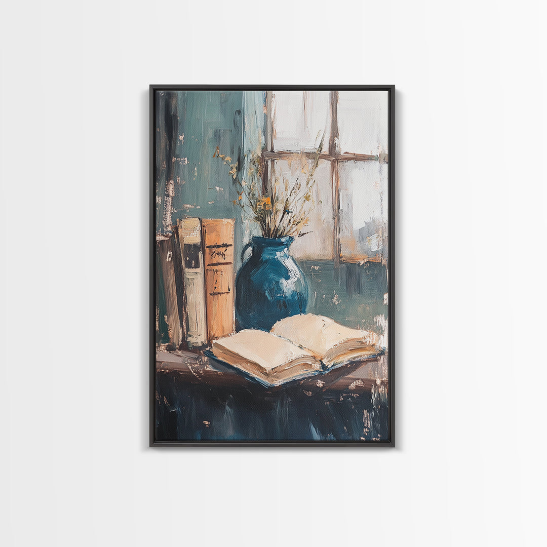 Open Book And Blue Vase Wall Art, Cozy Library Still Life, Dark Academia Decor, Reading Nook Art Print, Home Office Decor