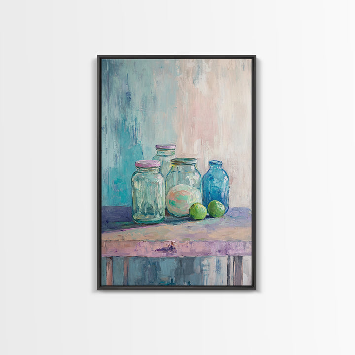 Glass Jars With Limes Still Life Wall Art, Colorful Kitchen Decor, Modern Farmhouse Canvas Print, Dining Room Art Gift Idea
