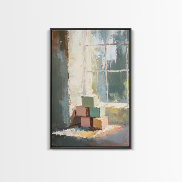 Pastel Wooden Blocks By Window Wall Art, Nursery Still Life Canvas Print, Kids Room Decor, Playroom Wall Art, Baby Gift Idea