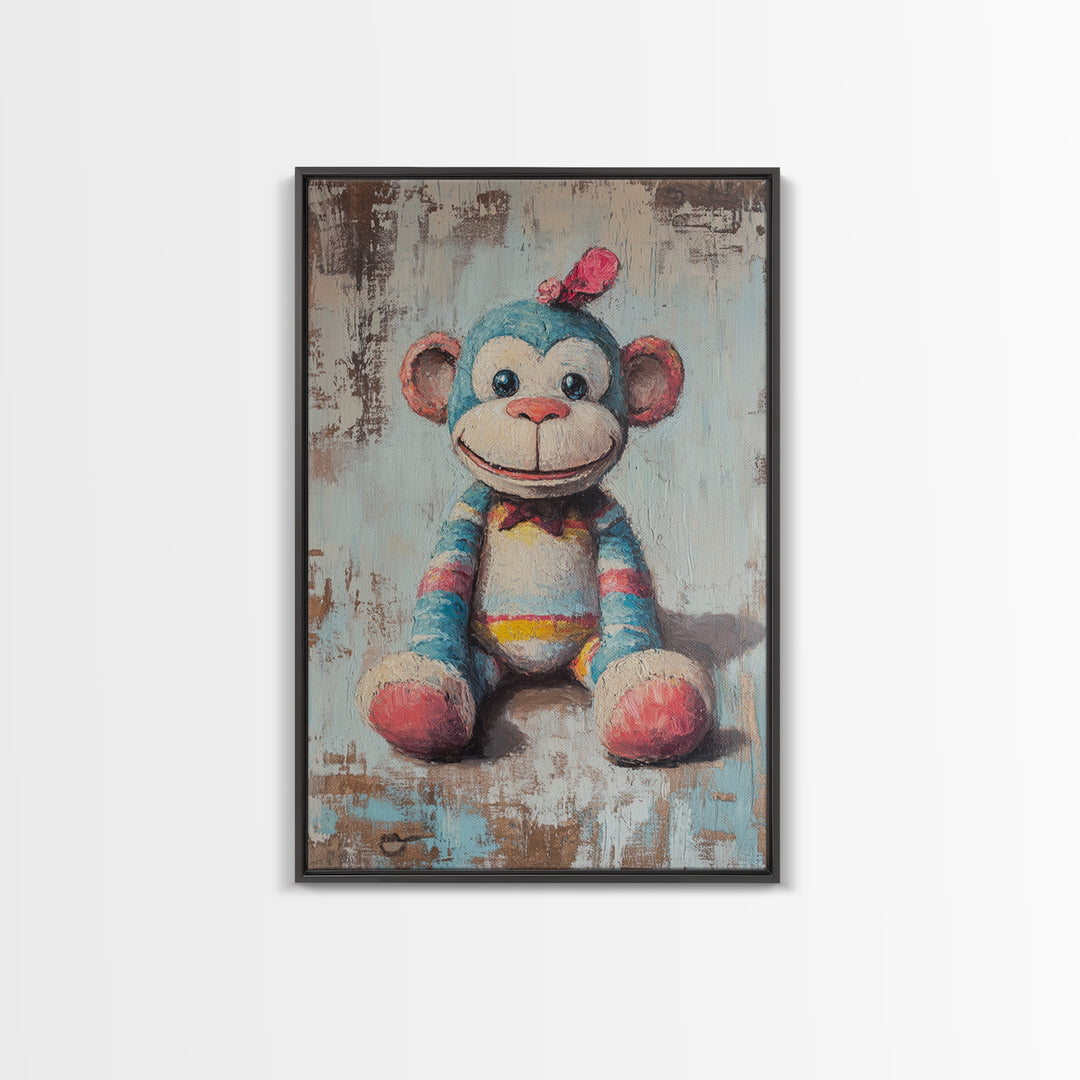 Whimsical Sock Monkey Canvas Print, Nursery Wall Art, Kids Room Decor, Cute Animal Art, Baby Shower Gift, Playroom Decor