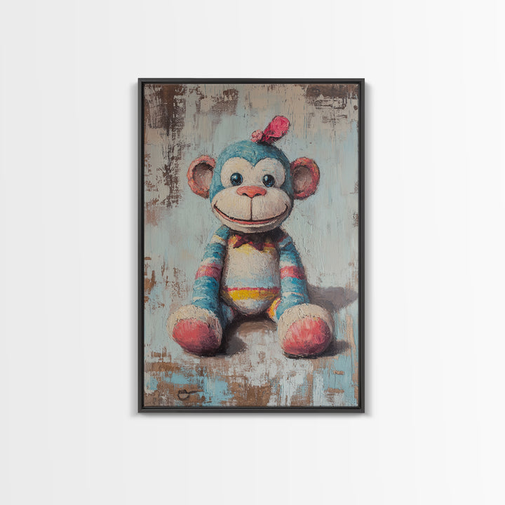 Whimsical Sock Monkey Canvas Print, Nursery Wall Art, Kids Room Decor, Cute Animal Art, Baby Shower Gift, Playroom Decor