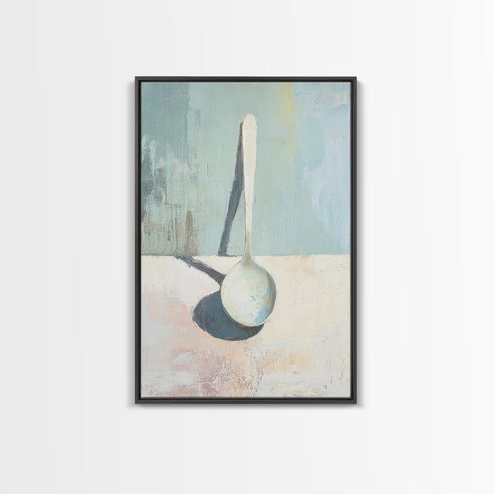 Single White Spoon Minimal Still Life Wall Art, Blue Shadow Minimalist Decor, Neutral Kitchen Print, Modern Canvas Print