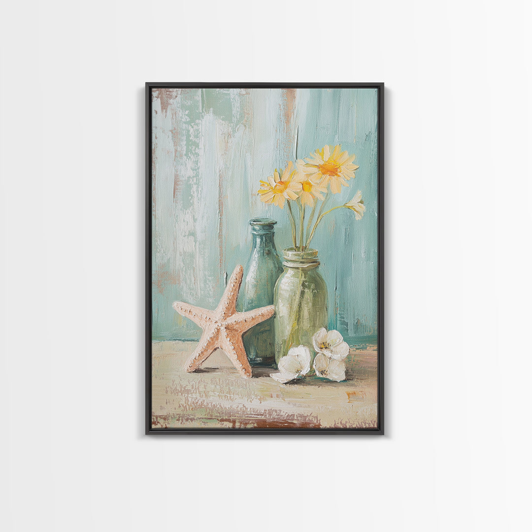Starfish Daisies And Sea Glass Bottles Coastal Wall Art, Beach House Decor, Floral Canvas Print, Summer Gift For Her, Bathroom Decor