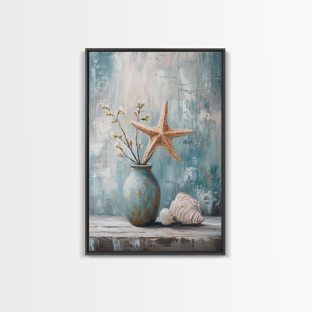 Orange Starfish Seashell And Blue Vase Coastal Wall Art, Nautical Beach Decor, Ocean Canvas Print, Serene Bathroom Art For Home