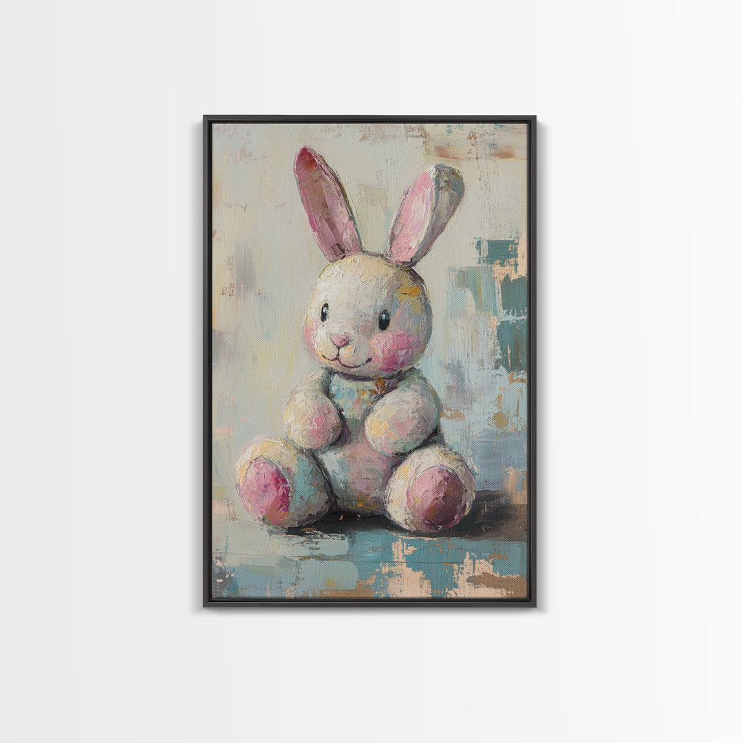 Plush Bunny Toy With Pink Ears Canvas Print, Whimsical Nursery Wall Art, Baby Girl Room Decor, Cute Animal Art, Baby Shower Gift