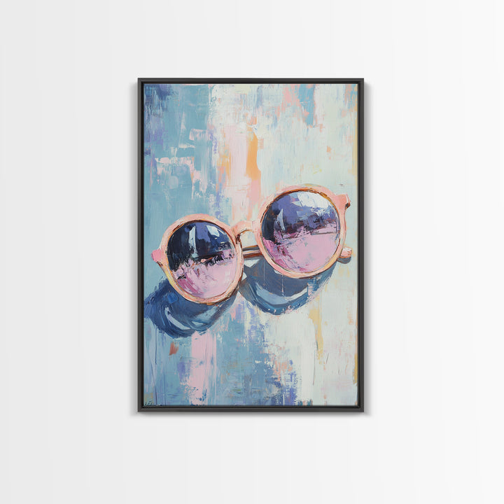 Pink Sunglasses On Blue Abstract Canvas Print, Fashion Wall Art, Dopamine Decor, Trendy Prints, Cool Girl Room Decor, Modern Wall Decor