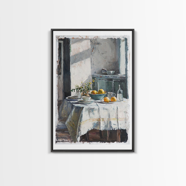 Sunlit Breakfast Table With Oranges Wall Art, Rustic Kitchen Decor, French Country Print, Still Life Art, Housewarming Gift