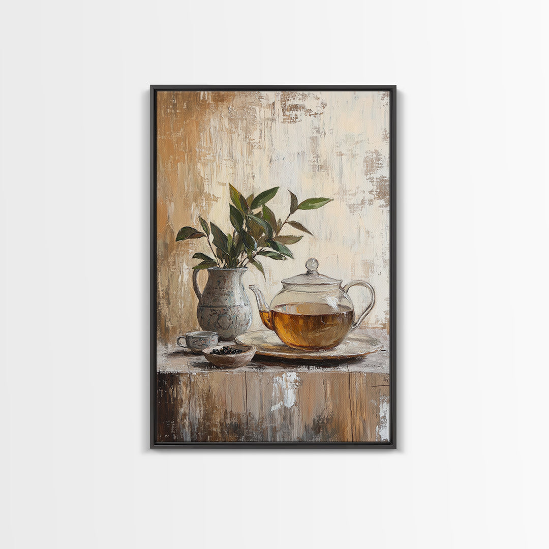 Glass Teapot With Potted Green Leaves Framed Canvas Print, Rustic Kitchen Wall Art, Botanical Tea Still Life Home Decor, Gift