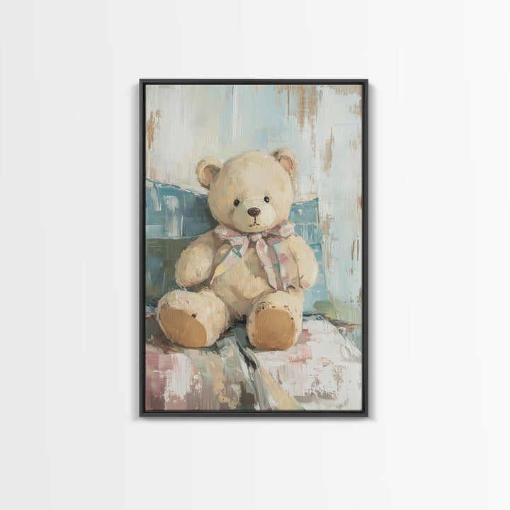 Cream Teddy Bear On Blue Pillow Framed Canvas Print, Nursery Wall Art, Kids Room Decor, Baby Shower Gift, Neutral Nursery Decor