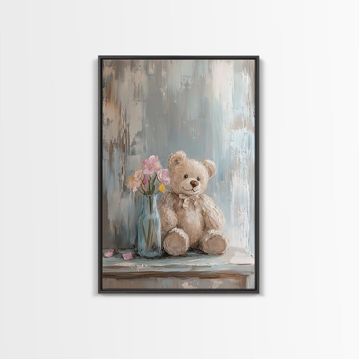 Smiling Teddy Bear With Pink Flowers Wall Art, Nursery Decor, Kids Room Art, Baby Shower Gift, Whimsical Animal Print, Girl Nursery Decor