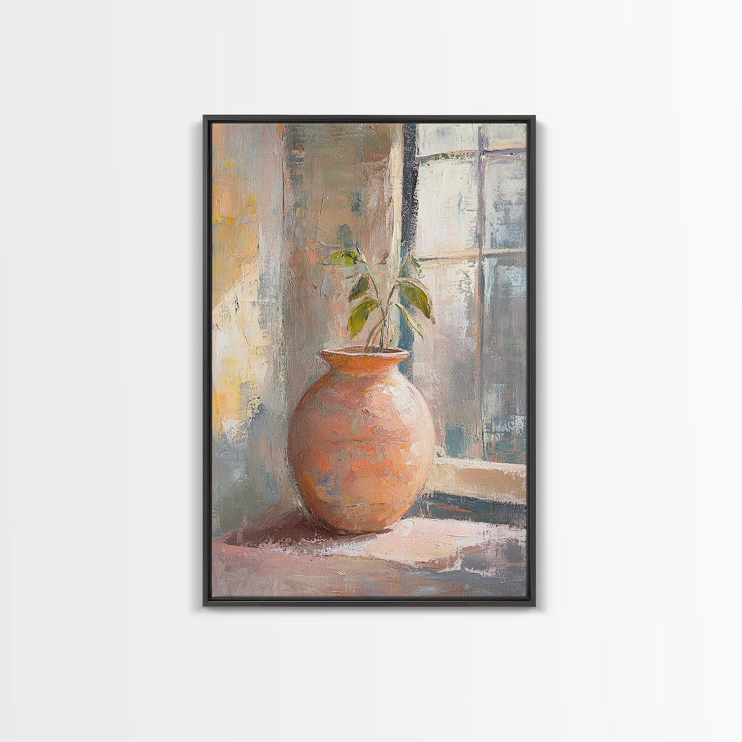 Terracotta Vase With Green Plant Framed Canvas Print, Rustic Botanical Wall Art, Neutral Home Decor, Entryway Wall Decor