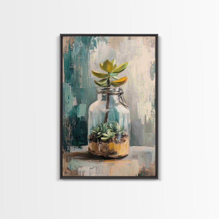 Succulent Terrarium In Glass Jar Wall Art, Botanical Canvas Print, Teal Still Life Decor, Plant Lover Housewarming Gift