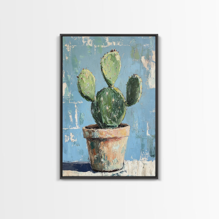Prickly Pear Cactus In Clay Pot Wall Art, Desert Botanical Canvas Print, Southwest Decor, Plant Lover Housewarming Gift Idea