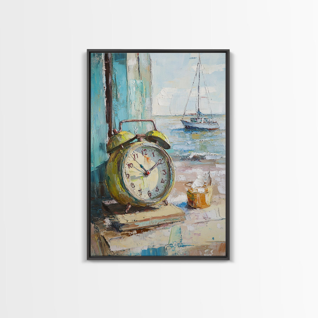 Nautical Alarm Clock Still Life Framed Canvas Print, Coastal Wall Art, Beach House Decor, Sailboat Ocean Art Print, Nautical Home Decor