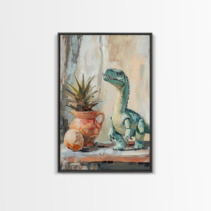 Cute Dinosaur And Potted Plant Canvas Print, Whimsical Animal Wall Art, Kids Room Decor, Nursery Art, Playroom Gift For Child Bedroom