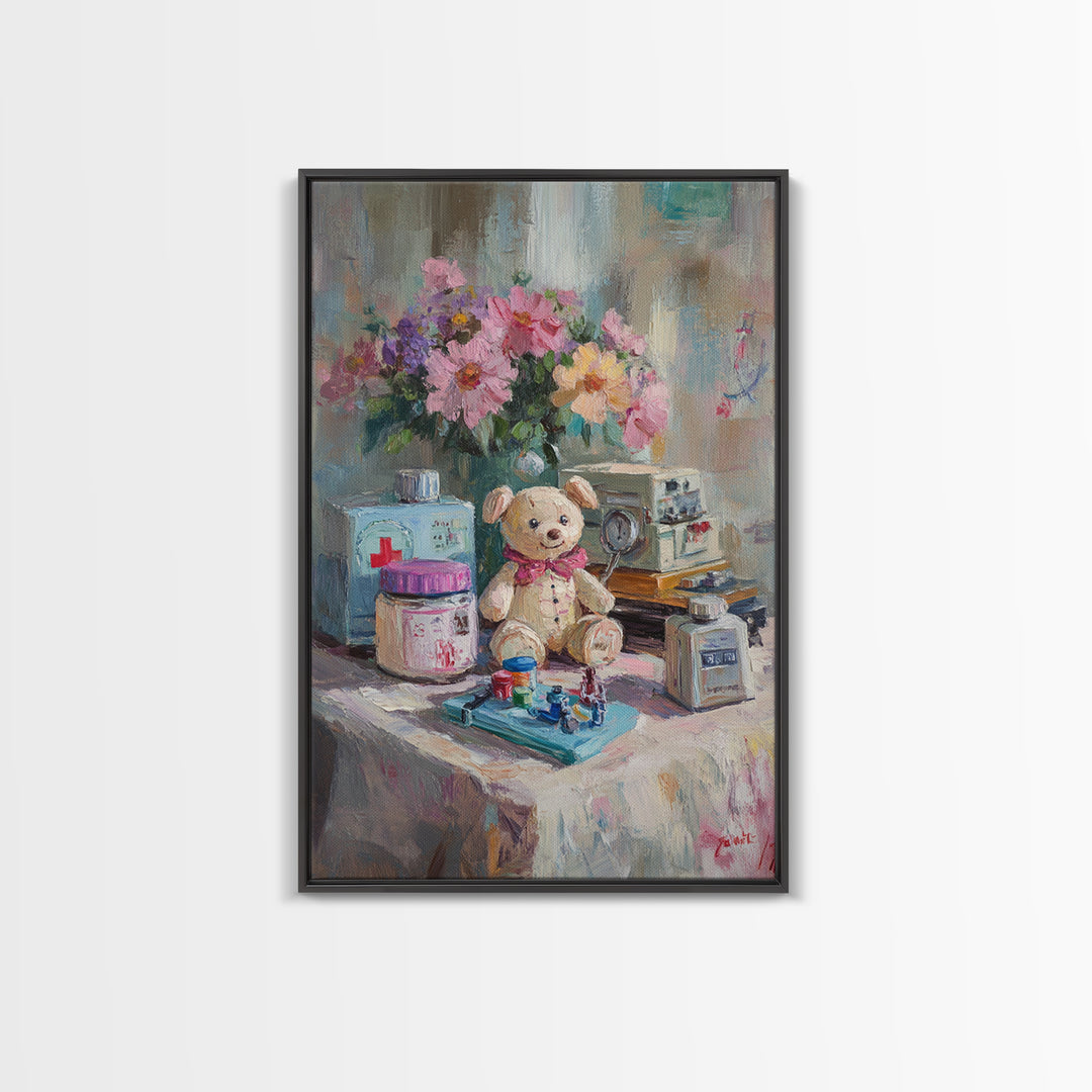 Teddy Bear Medical Kit Still Life Wall Art, Whimsical Nursery Decor, Doctor Office Art, Pediatric Room Canvas Print, Baby Shower Gift