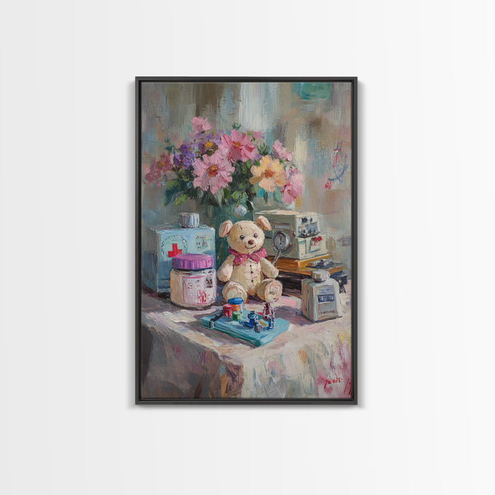 Teddy Bear Medical Kit Still Life Wall Art, Whimsical Nursery Decor, Doctor Office Art, Pediatric Room Canvas Print, Baby Shower Gift