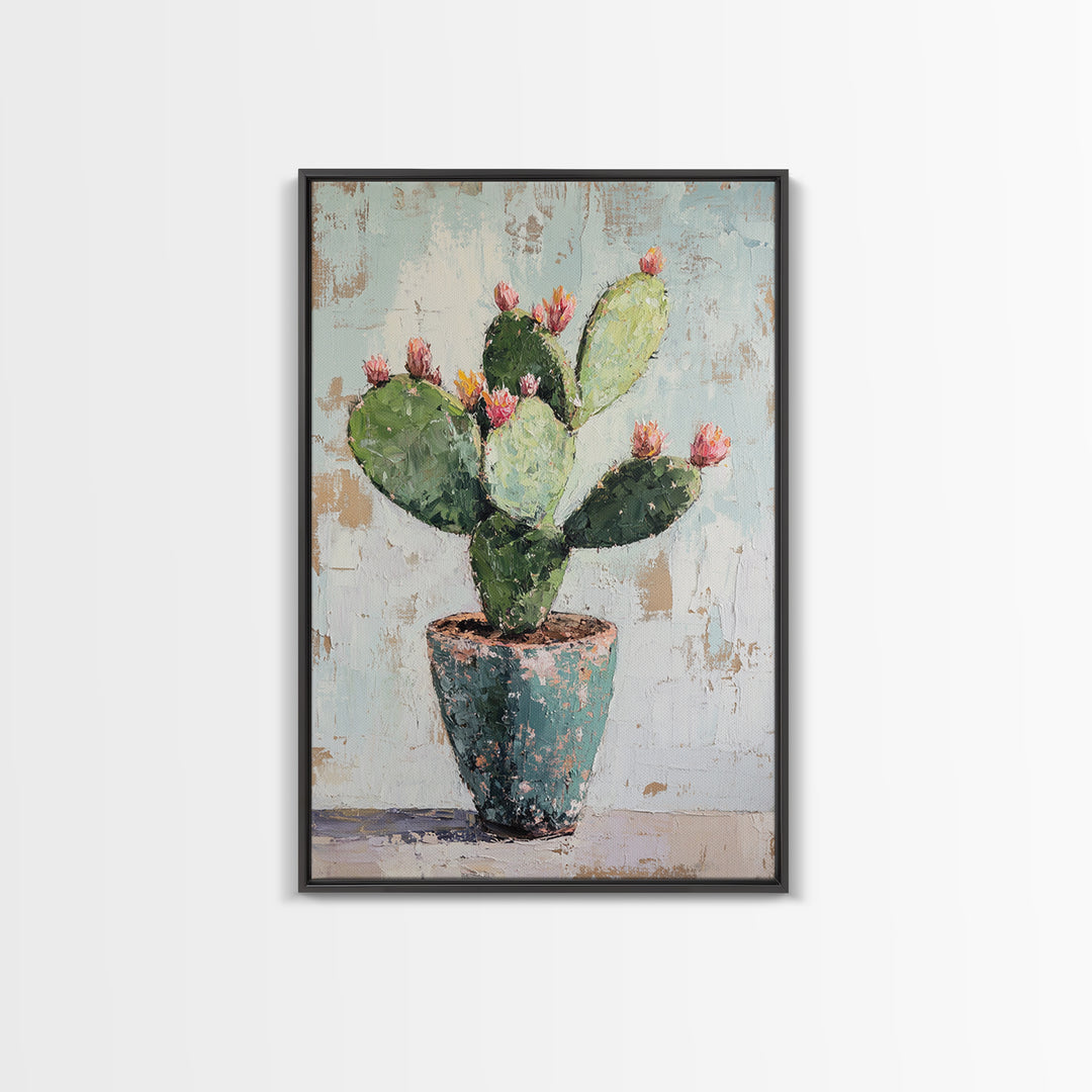 Prickly Pear Cactus In Rustic Pot Canvas Print, Desert Wall Art, Southwest Decor, Botanical Wall Decor, Plant Lover Gift