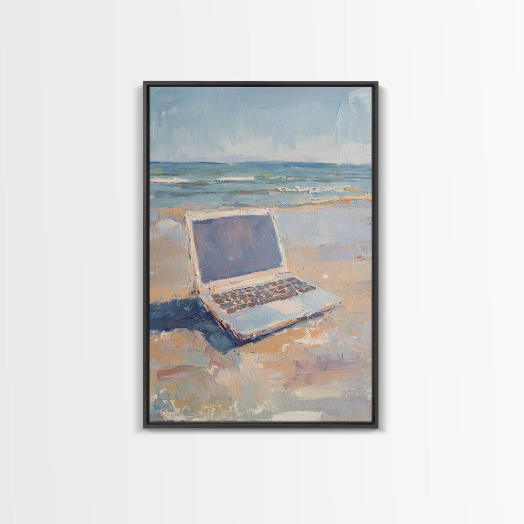 Open Laptop On Sandy Beach Framed Canvas Print, Coastal Wall Art, Remote Work Office Decor, Ocean Landscape Art Print, Beach House Decor
