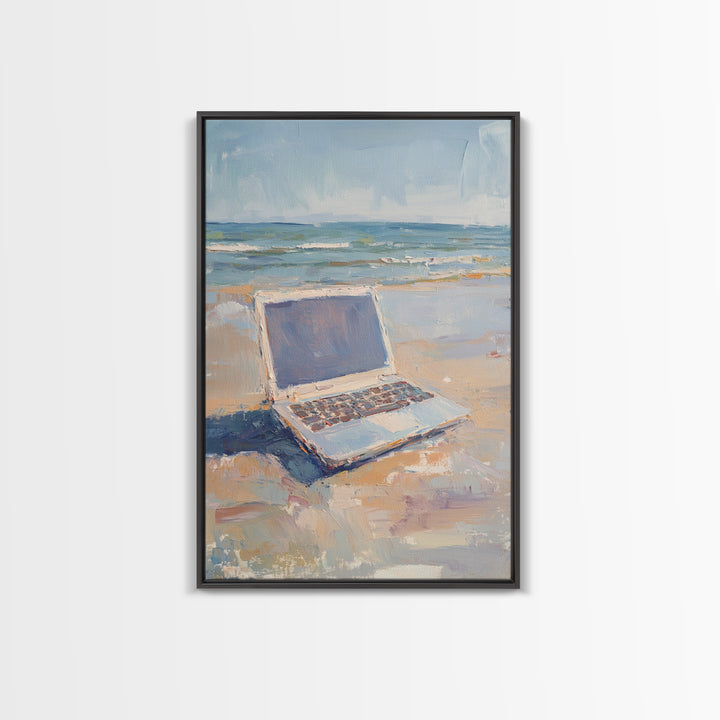 Open Laptop On Sandy Beach Framed Canvas Print, Coastal Wall Art, Remote Work Office Decor, Ocean Landscape Art Print, Beach House Decor