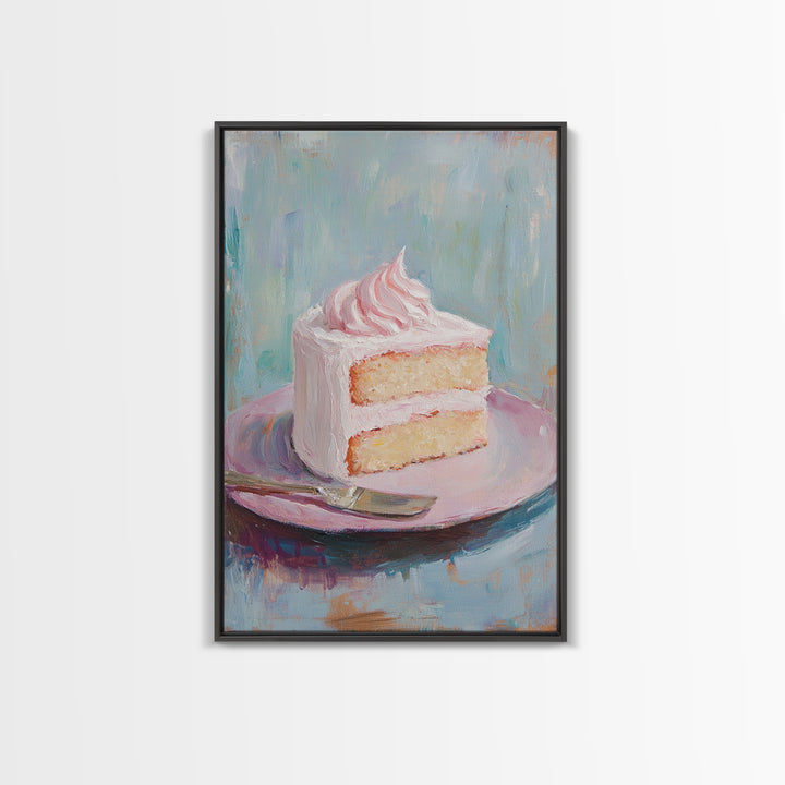 Pink Frosted Cake Slice On Plate Wall Art, Bakery Art Print, Kitchen Wall Art, Cute Kitchen Decor, Dessert Art, Gift For Her