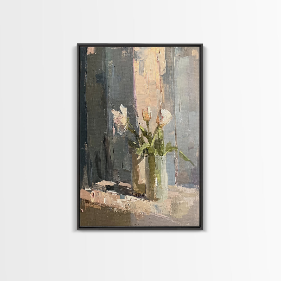 Soft White Tulips Framed Canvas Print, Impasto Floral Still Life, Neutral Wall Decor, Bedroom Decor, Gift For Her, Home Decor