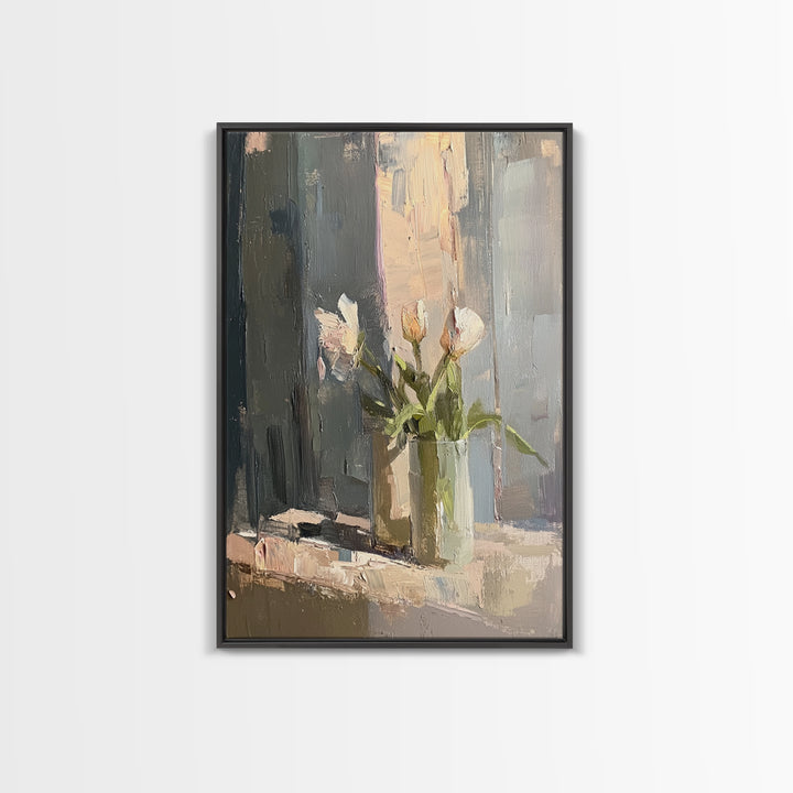 Soft White Tulips Framed Canvas Print, Impasto Floral Still Life, Neutral Wall Decor, Bedroom Decor, Gift For Her, Home Decor