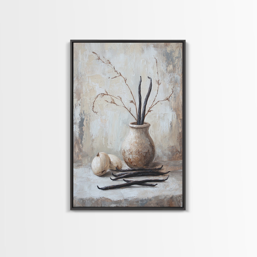 Rustic Vanilla Bean And Garlic Still Life Wall Art, Neutral Kitchen Decor, Farmhouse Canvas Print, Dining Room Art, Gift For Foodie