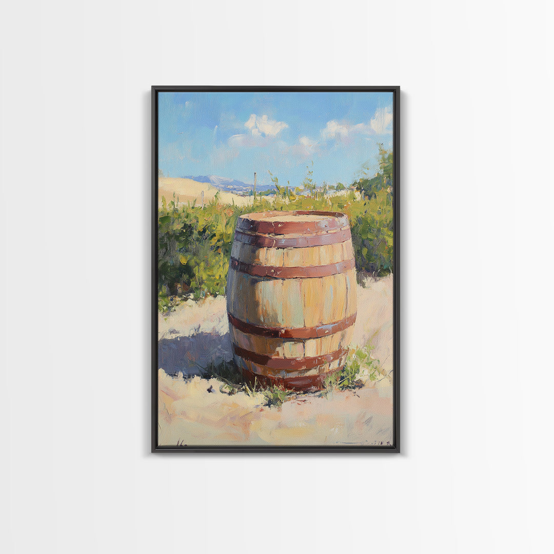 Sunlit Vineyard Wine Barrel Canvas Print, Rustic Winery Landscape Painting, Wine Wall Art, Kitchen Decor, Gift For Wine Lover