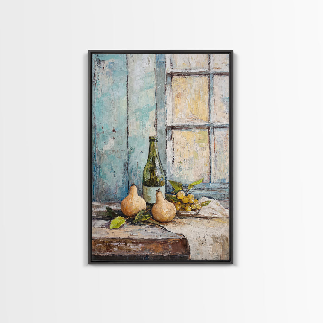 Wine Bottle Pears And Grapes By Window Canvas Print, Rustic Kitchen Wall Art For Dining Room Decor And French Country Decor