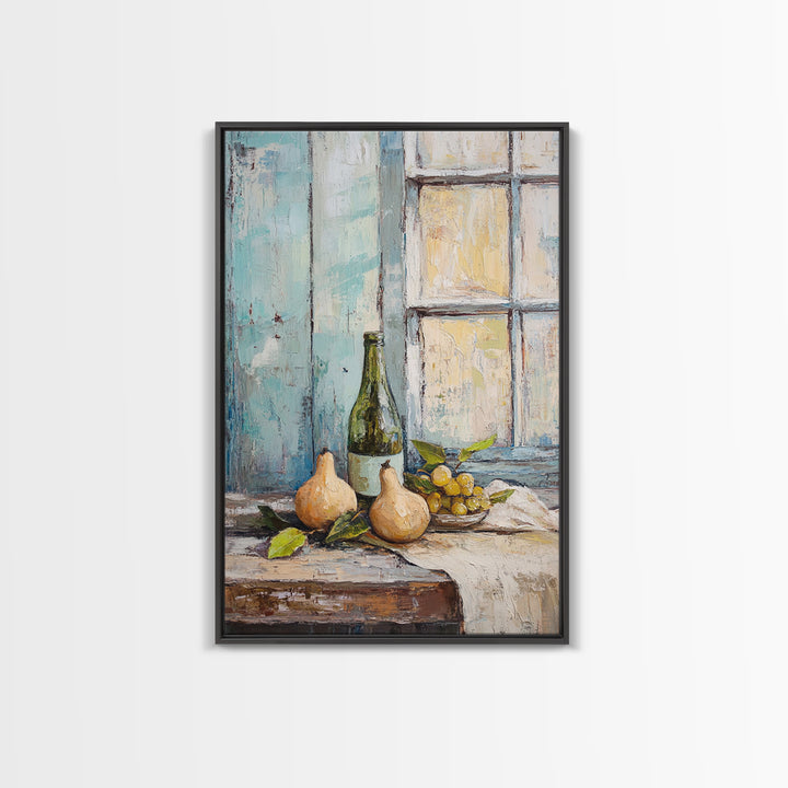 Wine Bottle Pears And Grapes By Window Canvas Print, Rustic Kitchen Wall Art For Dining Room Decor And French Country Decor