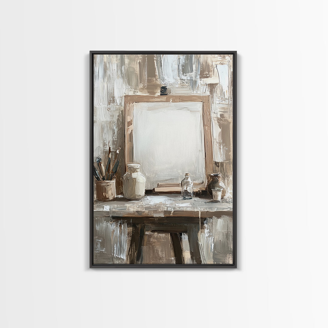 Neutral Artist Studio Easel And Paintbrushes Framed Canvas Print, Minimalist Office Wall Art, Rustic Home Decor For Creative Spaces