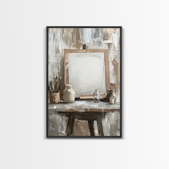 Neutral Artist Studio Easel And Paintbrushes Framed Canvas Print, Minimalist Office Wall Art, Rustic Home Decor For Creative Spaces