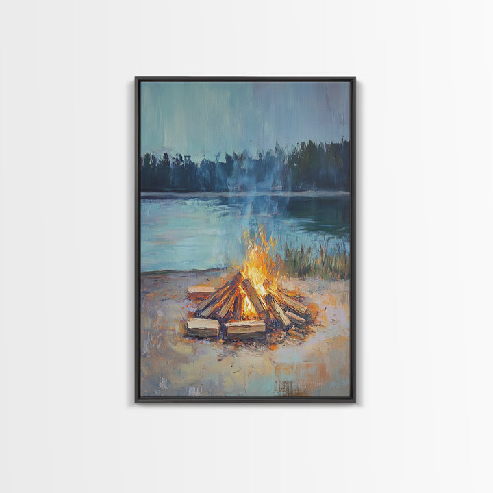 Lakeside Campfire At Dusk Wall Art, Rustic Cabin Decor, Cozy Nature Print, Lake House Canvas, Housewarming Gift, Living Room Decor